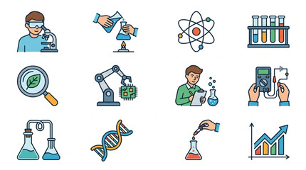 Fototapeta premium Collection of science and research icons representing various laboratory experiments and discoveries.