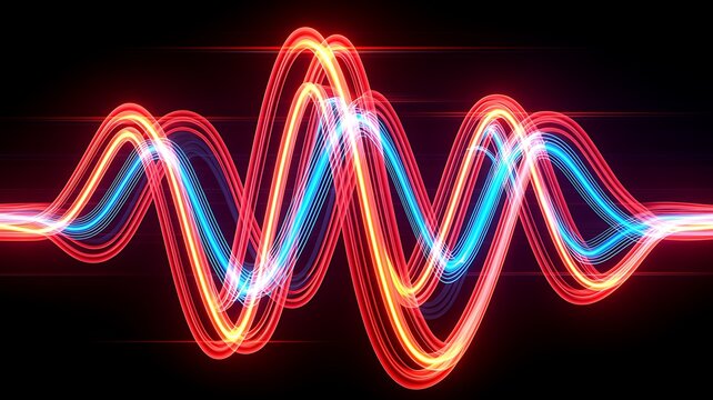 Neon glowing three phase electric power sine wave light lines with red blue yellow energy waveform motion dynamic electricity signal overlay isolated on transparent background 