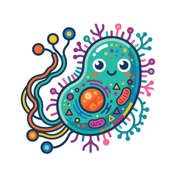 Cartoon microbe with colorful spikes.