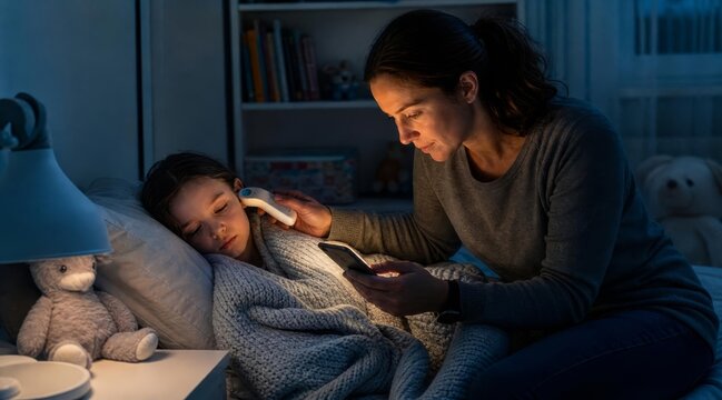 Parent checking child temperature with thermometer