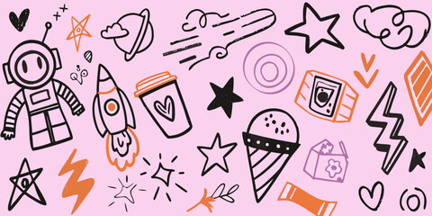 Playful Doodles Illustration With Stars Rocket And Astronaut © Ruhidas