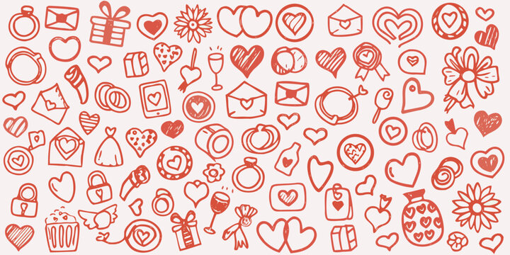 Love themed Doodles And Icons Red Line Art On Pale Pink Background
