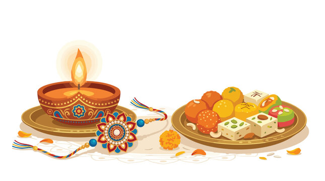 Raksha Bandhan celebration with traditional diya lamp and sweet mithai platter
