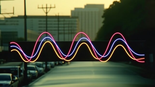 Neon glowing three phase electric power sine wave light lines with red blue yellow energy waveform motion dynamic electricity signal overlay isolated on transparent background 