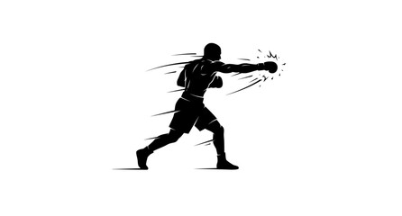 Fototapeta premium A boxer throws a powerful punch in a dark silhouette against a white background.
