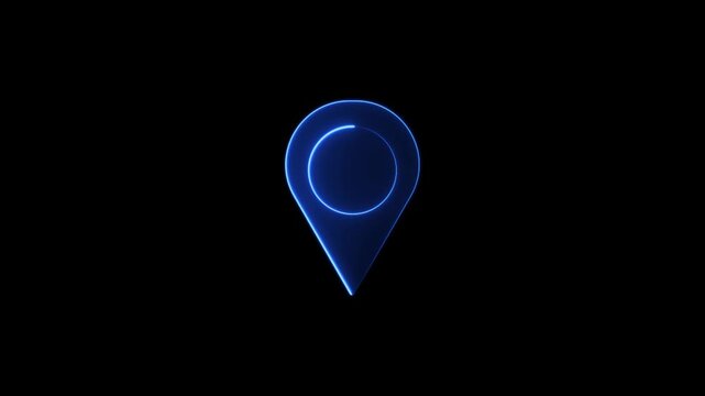 Neon blue map pointer icon glowing on black background for digital navigation app footage.