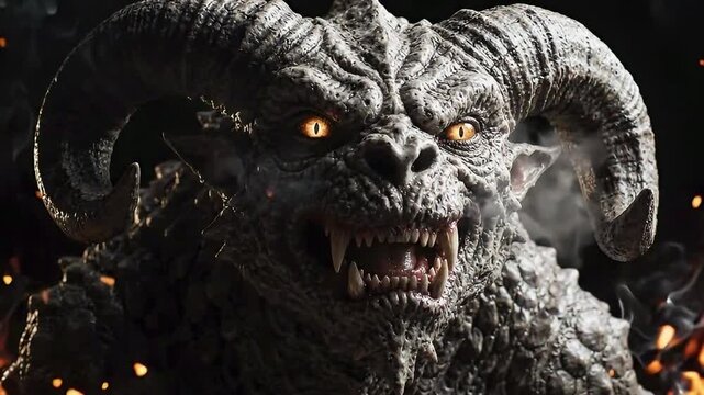 Close Up Portrait Of Scary Horned Demon Monster With Glowing Yellow Eyes And Sharp Fangs In Fire Smoke For Gothic Horror Fantasy Concept
