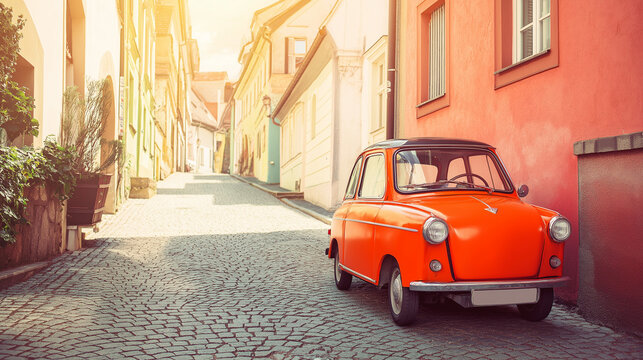 microcar. Brightly colored vintage microcar parked on narrow European cobblestone street. mobility guides, transit brochures, designed for transport & logistics marketing, clarifies navigation.