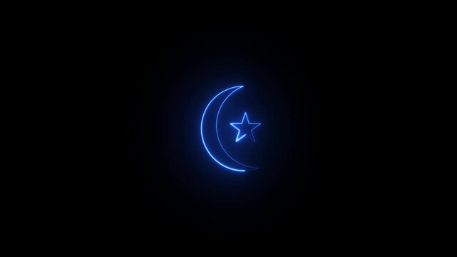 Neon blue islamic star and crescent moon glowing on black background for cultural themes.