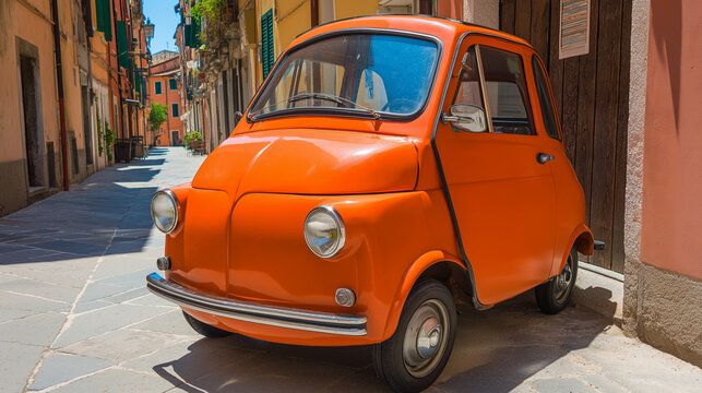 microcar. Brightly colored vintage microcar parked on narrow European cobblestone street. mobility guides, transit brochures, designed for transport & logistics marketing, clarifies navigation.