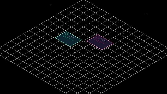 Isometric 3D grid with interactive digital data cards on a dark motion graphics background