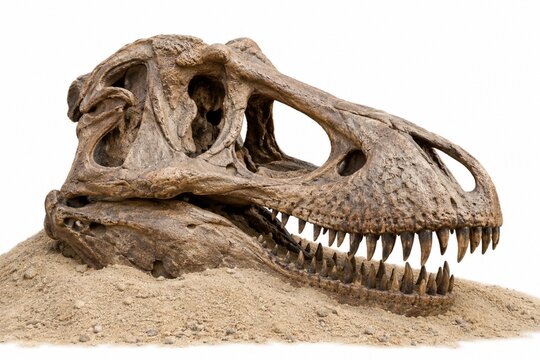 Tyrannosaurus rex dinosaur fossil skull isolated on white background