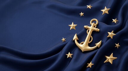 A premium marketing backdrop featuring navy blue silk fabric texture with a 3D gold anchor and stars. Luxury Columbus Day sale template with copy space.