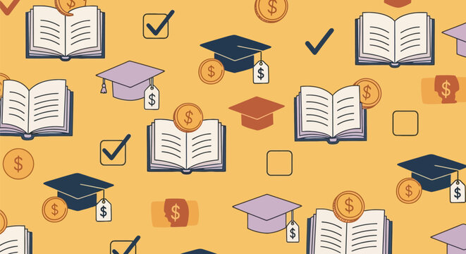 Graduation caps and books with money symbols seamless pattern