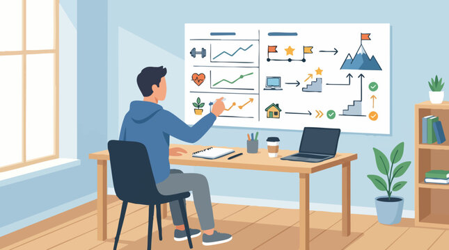 Man planning personal goals and tracking progress on a whiteboard in an office