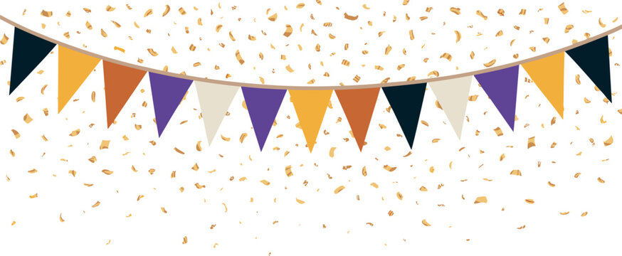 Celebration bunting garland vector banner with colorful hanging triangle flags and golden confetti background decoration