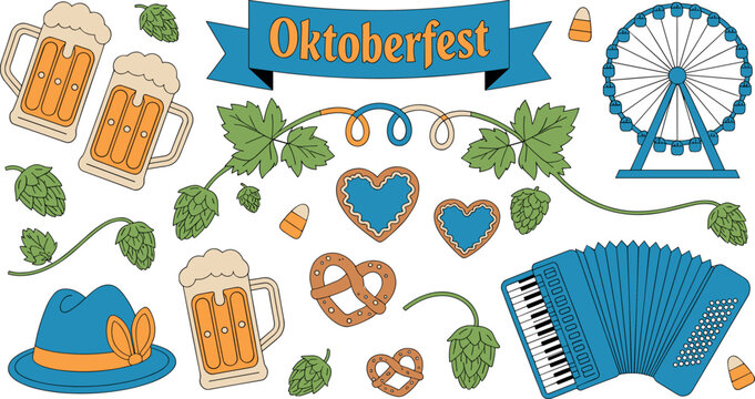 Oktoberfest festival elements vector set featuring beer mugs pretzels accordion ferris wheel and gingerbread hearts