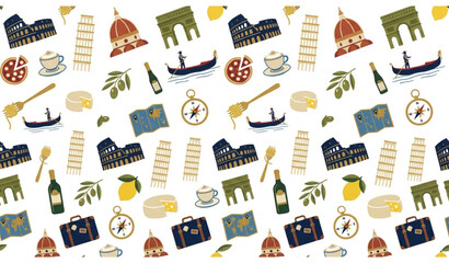 Italy travel seamless pattern, Italian landmarks and culture vector background with Colosseum, Leaning Tower, pizza, and wine. © MdSidur