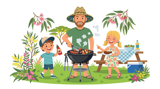 Happy father and children grilling food at a summer barbecue.