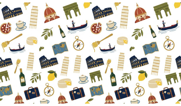 Italy travel seamless pattern, Italian landmarks and culture vector background with Colosseum, Leaning Tower, pizza, and wine.