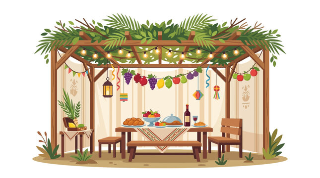 Festive outdoor sukkah dining table setup with fruit decorations and lights.