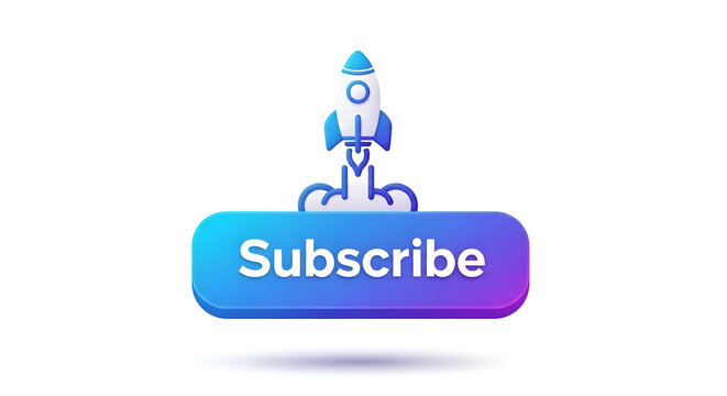 3D subscribe button with rocket launching upwards digital illustration gradient blue and purple colors