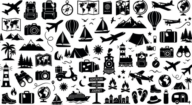 travel adventure vacation journey exploration pattern featuring diverse icons like planes luggage and nature elements for global trip designs.