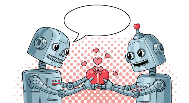 Two cute silver robots hold a red heart-shaped gift box with a blank speech bubble above them for message space.
