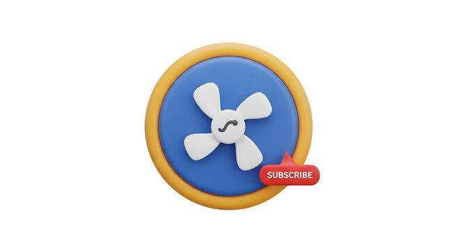 3D cartoon illustration of a fan icon with a red subscribe button in a speech bubble