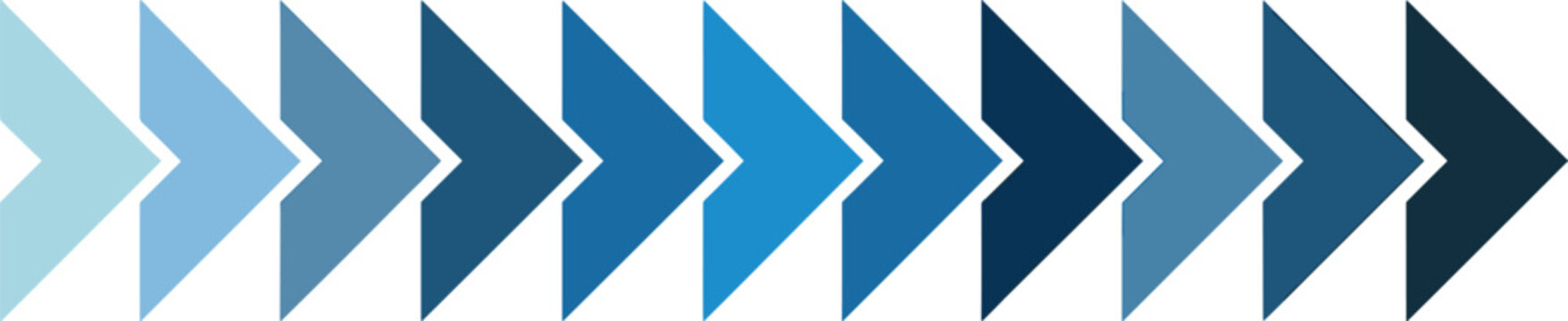 Horizontal chevron arrows vector timeline background featuring shades of blue pointing right in a row