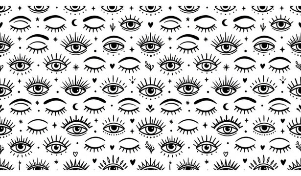 Seamless Eye Pattern Vector with Hand Drawn Eyelashes Mystical Ink Illustration and Monochrome Wrapping Paper Design
