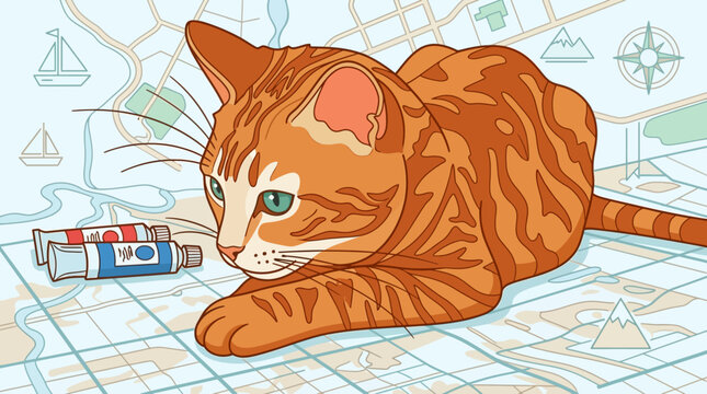 curious orange cat lying on a map with art supplies symbolizing adventure and creativity