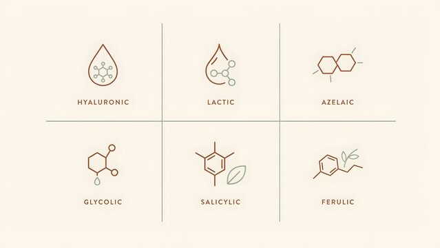 AI Generated Skincare Ingredient Icons Set Hyaluronic Lactic Azelaic Butyric Salicylic Ferulic Line Art
