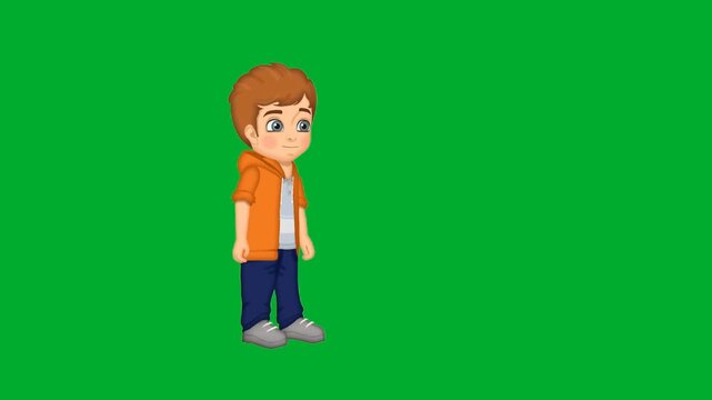 2d animation Boy standing alone looking to the side in profile view animation on green screen. Young school child wearing an orange jacket and blue jeans posing casually animation on green screen.