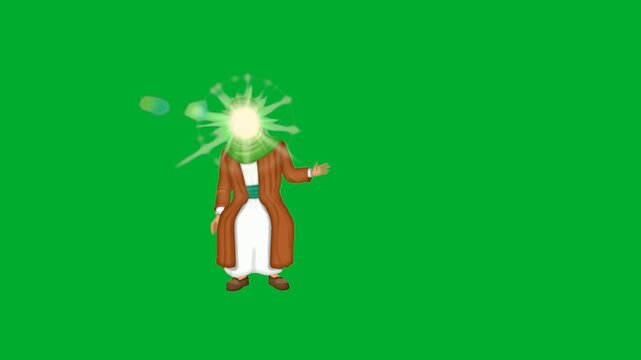 2d animation Prophet cartoon character standing with a holy glowing bright green light source from head animation on green screen. Historical religious spiritual figure miracle shining aura effect