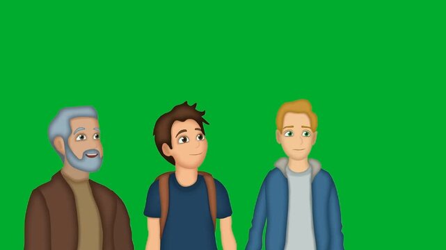 2d animation Three men of different generations standing next to each other animation on green screen. Senior grandfather, adult person and young teenager boy characters posing together animation