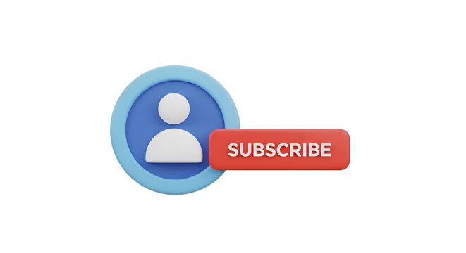 3D rendering of a user icon with a red subscribe button on a white background