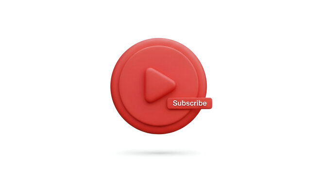 3D red play button icon with subscribe button isolated on white background