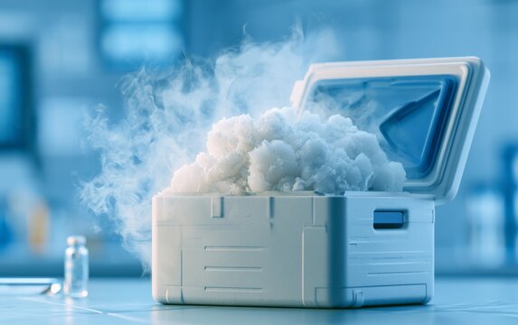 Closeup of Medical Grade Dry Ice Vapor Rising from Open Container in Lab