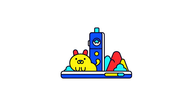 Cute cartoon yellow character and blue tower on a platform with stylized mountains flat design