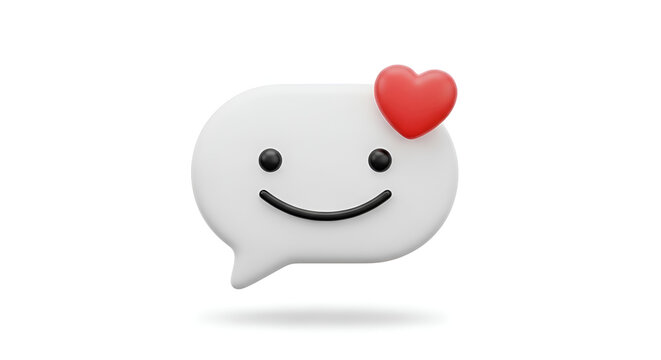 Cute 3D speech bubble with smiley face and red heart isolated on white background