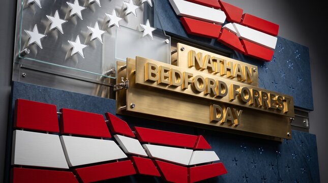 A close-up shot of an official commemorative plaque for Nathan Bedford Forrest Day, featuring a stylized American flag design with metallic stars, red and white stripes, and gold lettering.