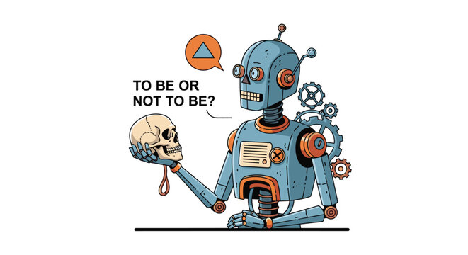 Vintage style blue robot holding a human skull while contemplating his existence with the text to be or not to be against a white background.