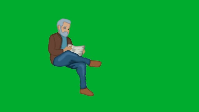 2d animation Old man reading a map or newspaper while sitting down relaxed animation on green screen. Senior elderly male grandfather cartoon character in blue shirt focusing on document guide info