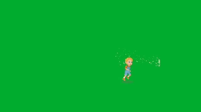 2d animation Little girl running fast after a sparkling magical shooting star animation on green screen. Cute young child chasing fantasy glowing light dust trail cartoon graphic loop layout