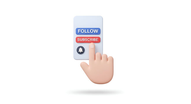 3D render of a hand cursor clicking on a smartphone screen with ""FOLLOW"" and ""SUBSCRIBE"" buttons