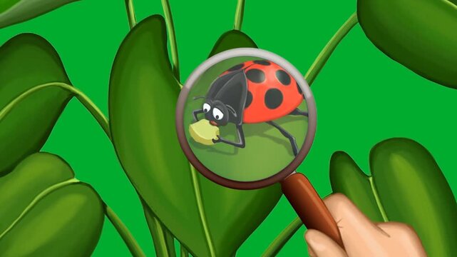 2d animation Ladybug on leaf plant being inspected with a large magnifying glass animation on green screen. Red spotted insect bug sitting on green branch in garden animation on green screen.