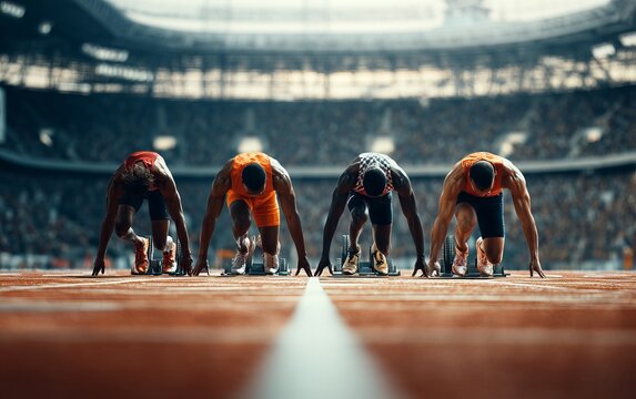 Four Sprinters in Starting Position for Team Relay Race on Track