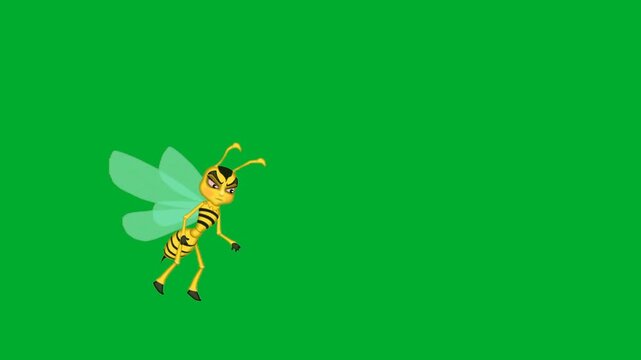 2d animation Hornet insect hovering in distant profile view layout animation on green screen. Small scale yellow striped wasp bee bug cartoon character flying steadily in place animation on green