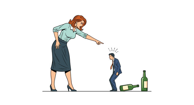 Angry woman scolding a tiny shrunken man standing next to spilled wine bottles representing alcohol abuse or domestic issues.